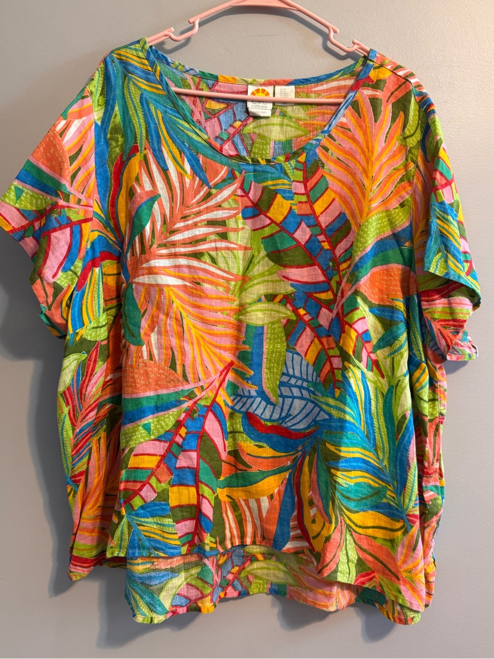 C&C California 3X 100% Linen Tropical Print Oversized Short Sleeve Top